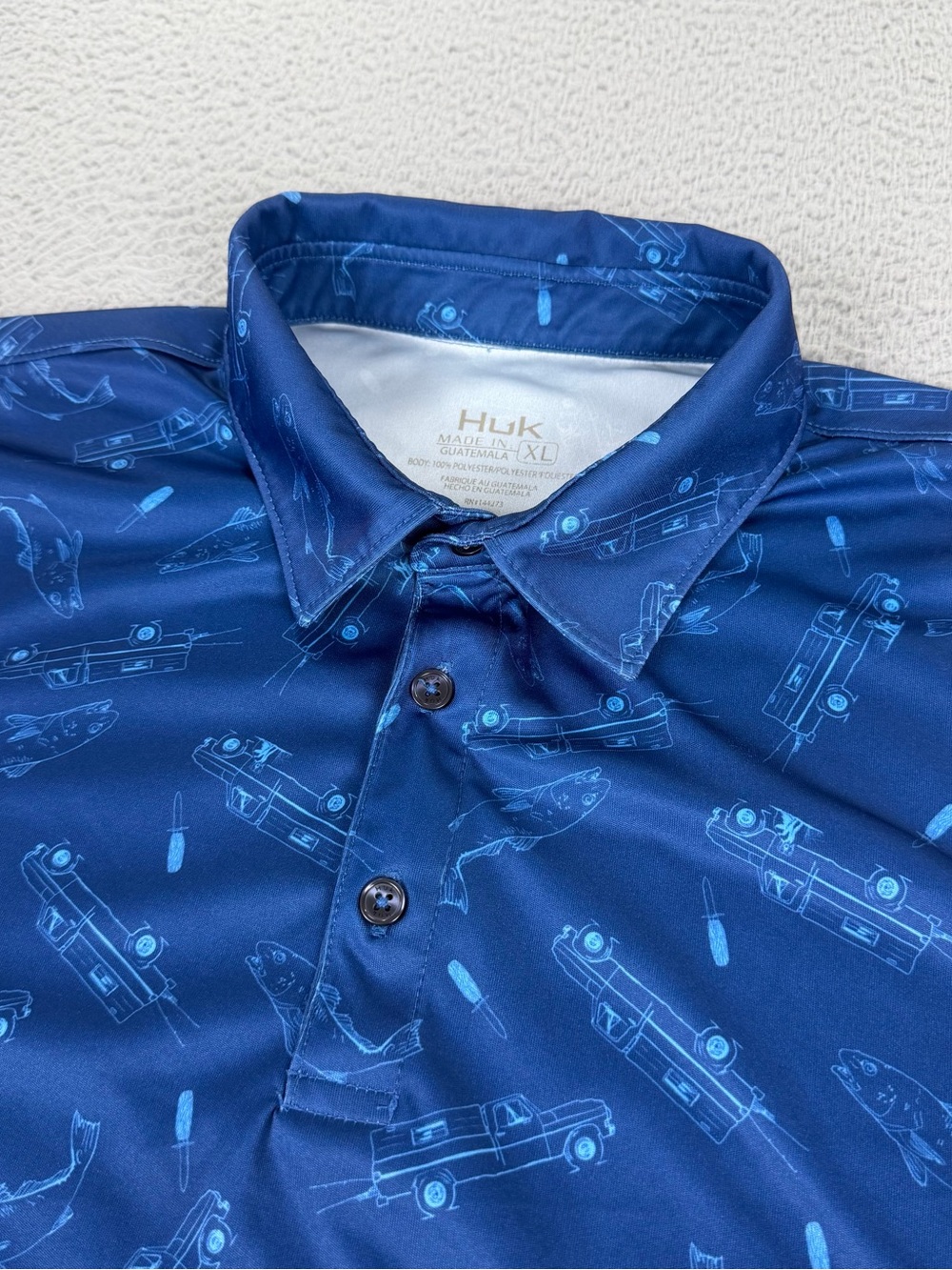 Huk Polo Shirt Mens XL Blue All Over Printed Performance Short Sleeve Preppy